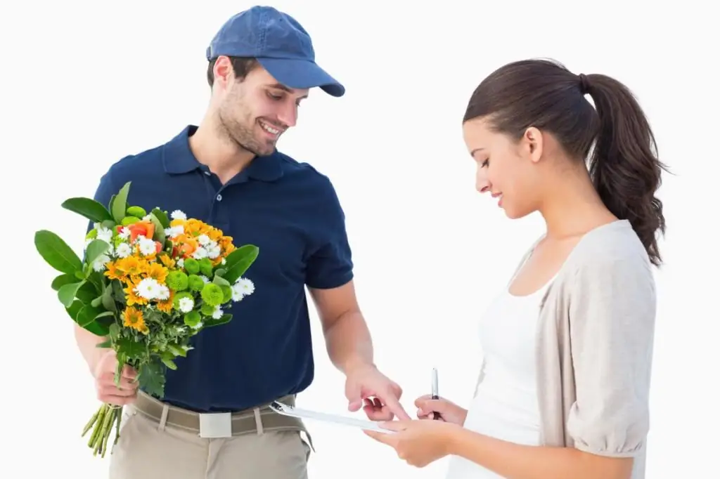 Courier with flowers and invitation